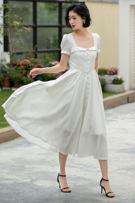 White Linen Midi swing Dress 5980