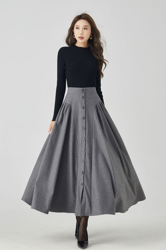Gray Wool Maxi Skirt - Button-Down, Flowy Silhouette 4526