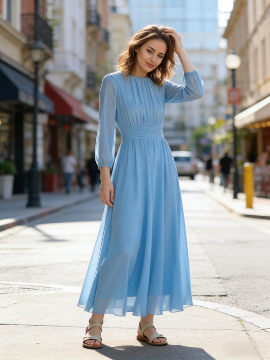 Blue Chiffon Midi Dress – Elegant Long Sleeve Style | Xiaolizi 6769