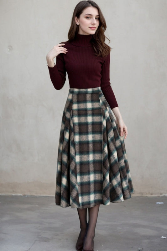 Plaid Wool Blend Midi Skirt – Handmade 1950s Vintage Swing Elegance 5401