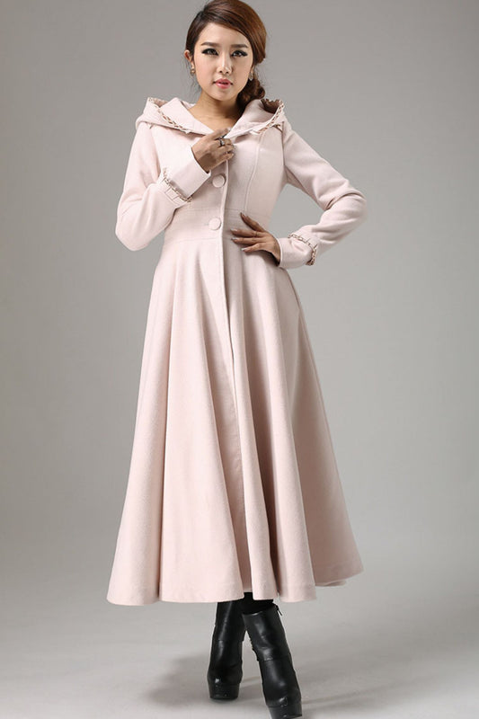 Vintage Pink Wool Blend Coat – Ruffle Hood Long Winter Coat for Women | Xiaolizi 0727