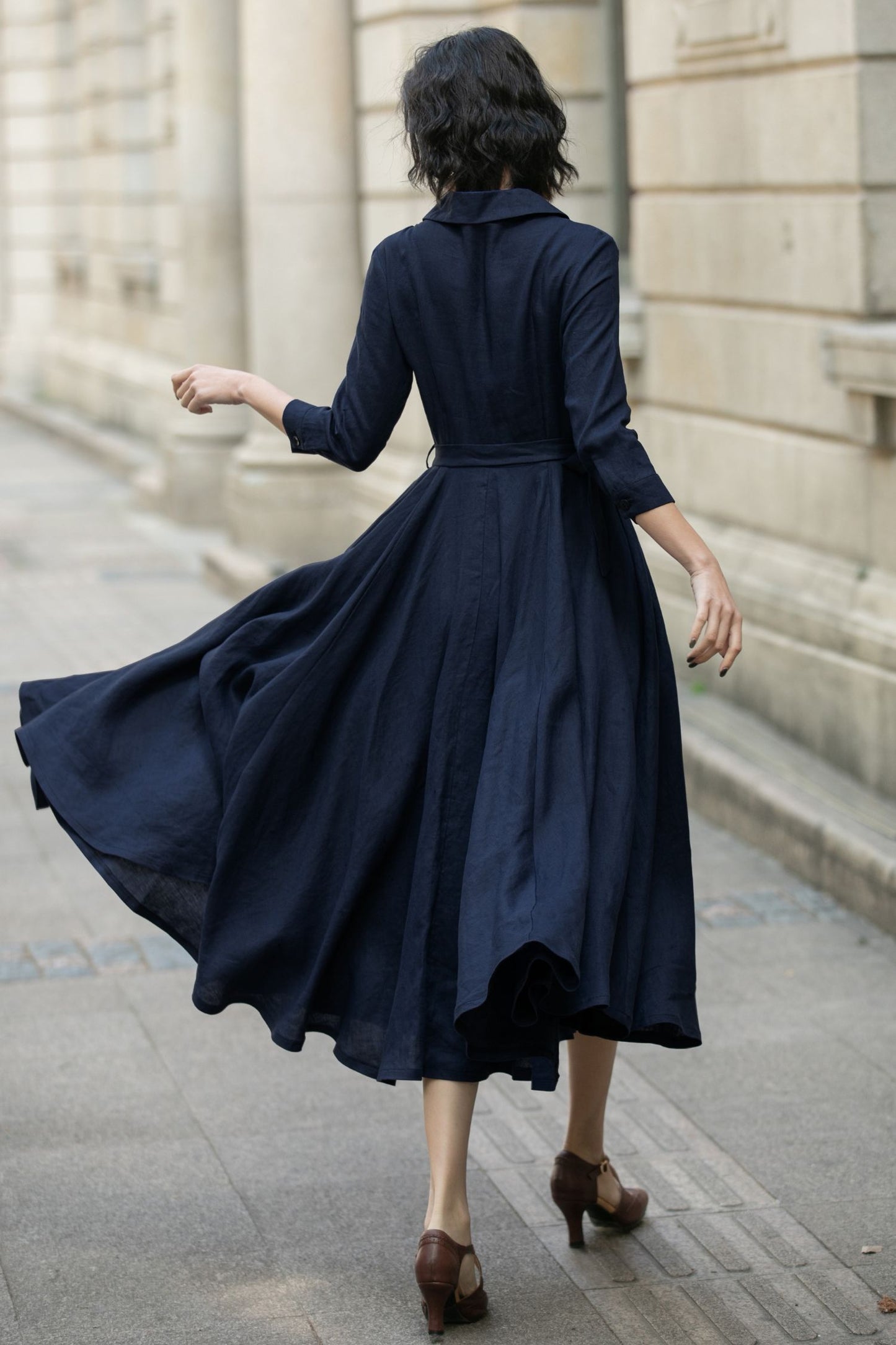 Navy Linen Shirt Dress for Women, Xiaolizi Belted A-Line Dress 6708