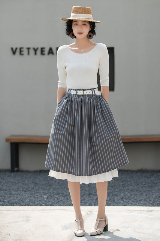 Xiaolizi Striped Linen Midi Skirt – Handmade High Waisted A-Line Summer Skirt 6686