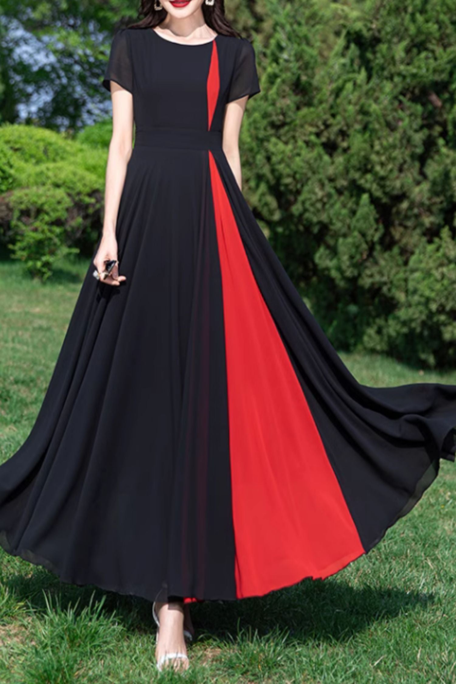 red and black block dress Color Blocked Maxi Dress (Black-Red-White)
