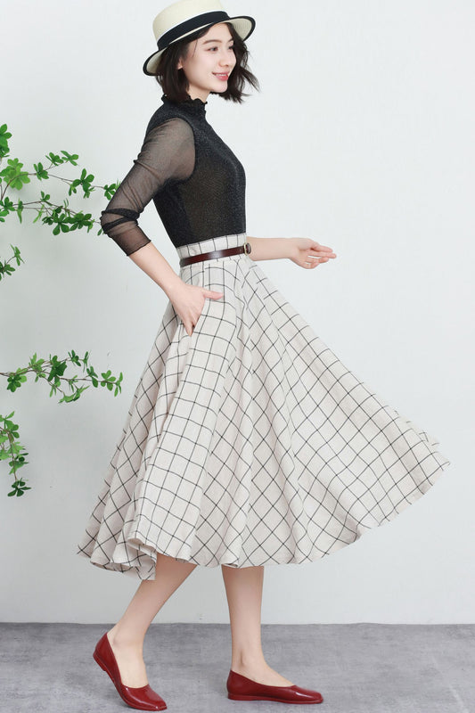 Women's Swing tartan linen midi skirt 5738