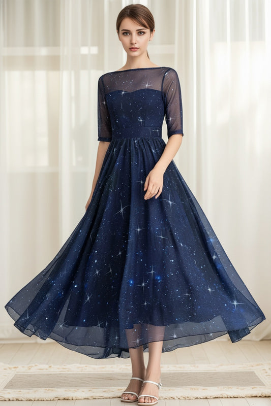 Starry Sky Chiffon Midi Dress – Navy Blue Illusion Neck Swing Dress 6629