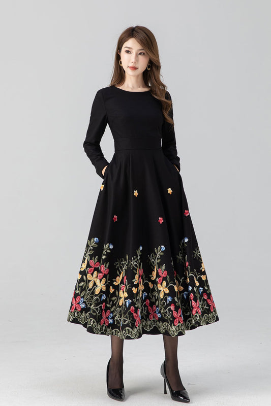 Black fit and flare embroidered dress 4663