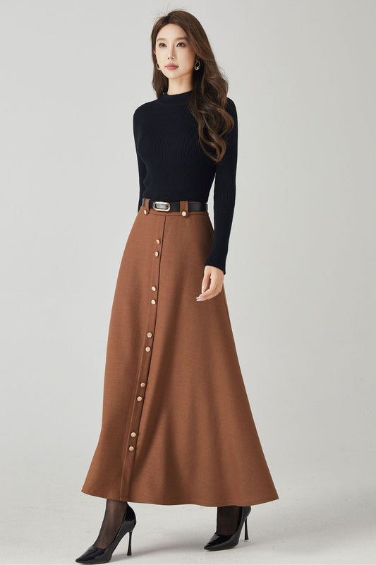 A line maxi brown winter wool skirt 4533