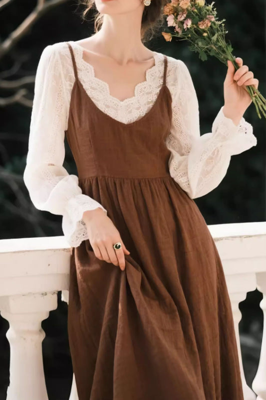 Brown Linen Pinafore Dress – Vintage Sleeveless Midi Linen Dress | Xiaolizi 6640