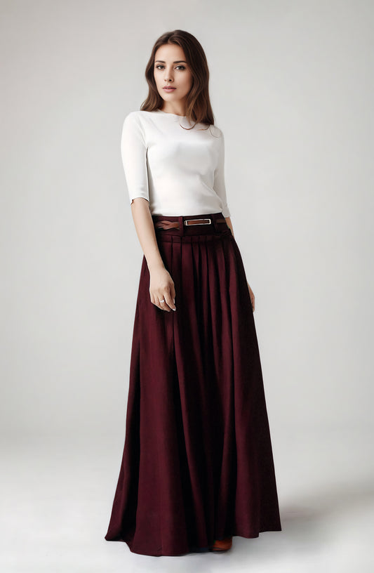 Handmade Burgundy Linen Maxi Skirt – High Waist with Pockets 6749