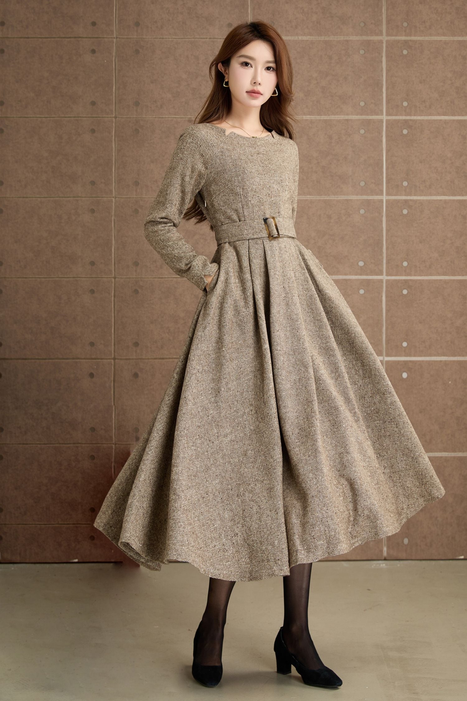 Camel Wool Dress Vintage Long Sleeve Midi with Belt | Xiaolizi Camel / M Camel Wool Dress Vintage Long Sleeve Midi with Belt | Xiaolizi Camel / M