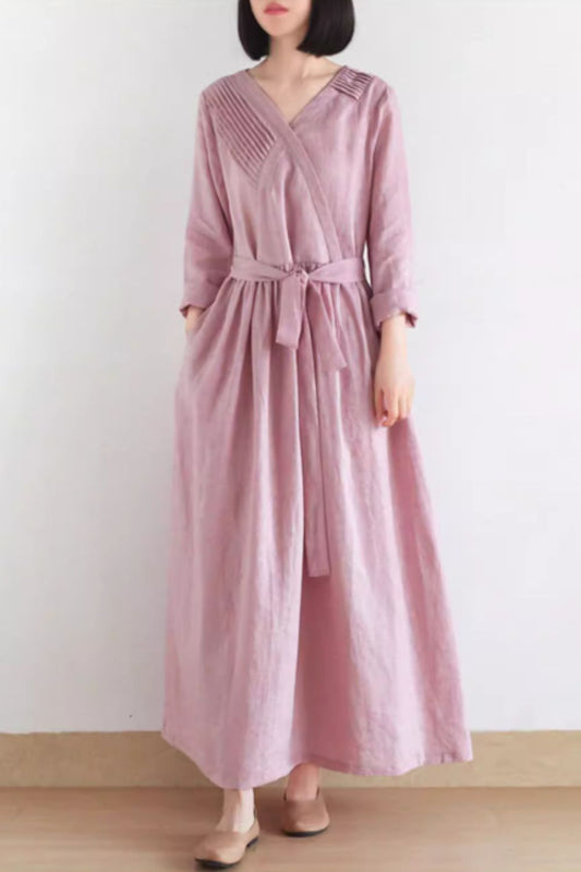 Pink Linen Maxi Dress - Tie Belt Waist, V-Neckline & Pockets 4831
