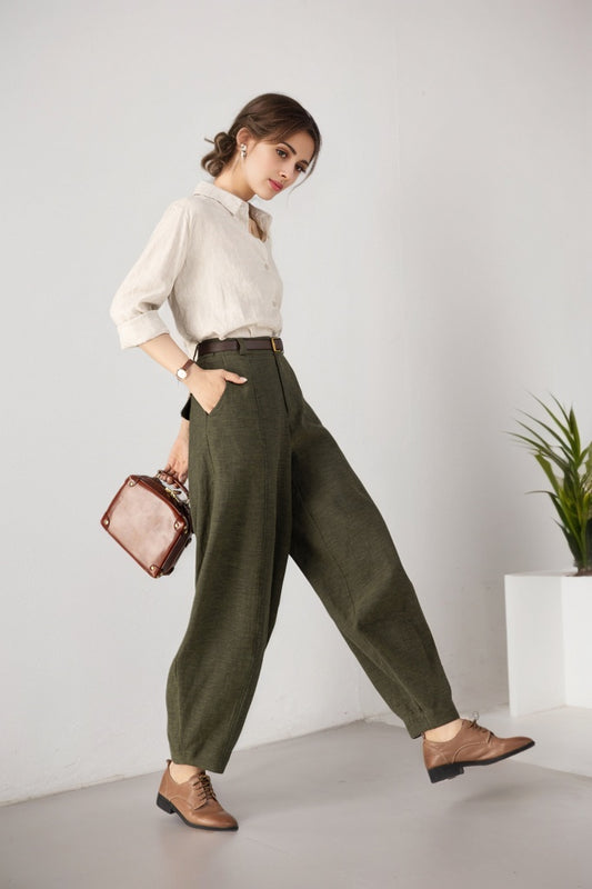 Olive Green Ankle Length Linen Blend Tapered Pants 5903