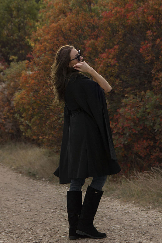 Black Wool Cape Coat - Double Breasted Stand Collar 3216
