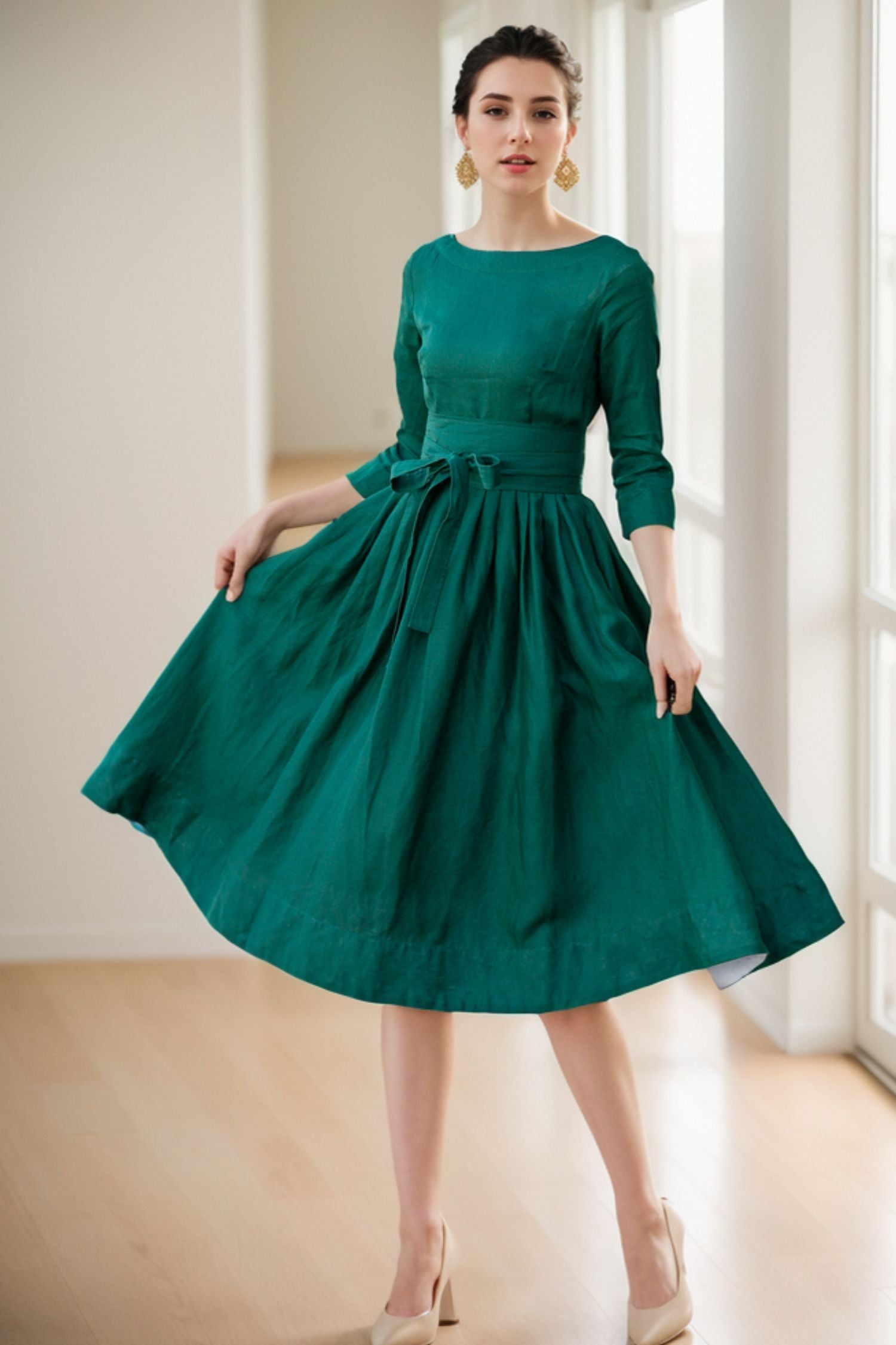 Fit and flare midi swing linen dress 5067 Xiaolizi Fit and flare midi swing linen dress 5067 Xiaolizi
