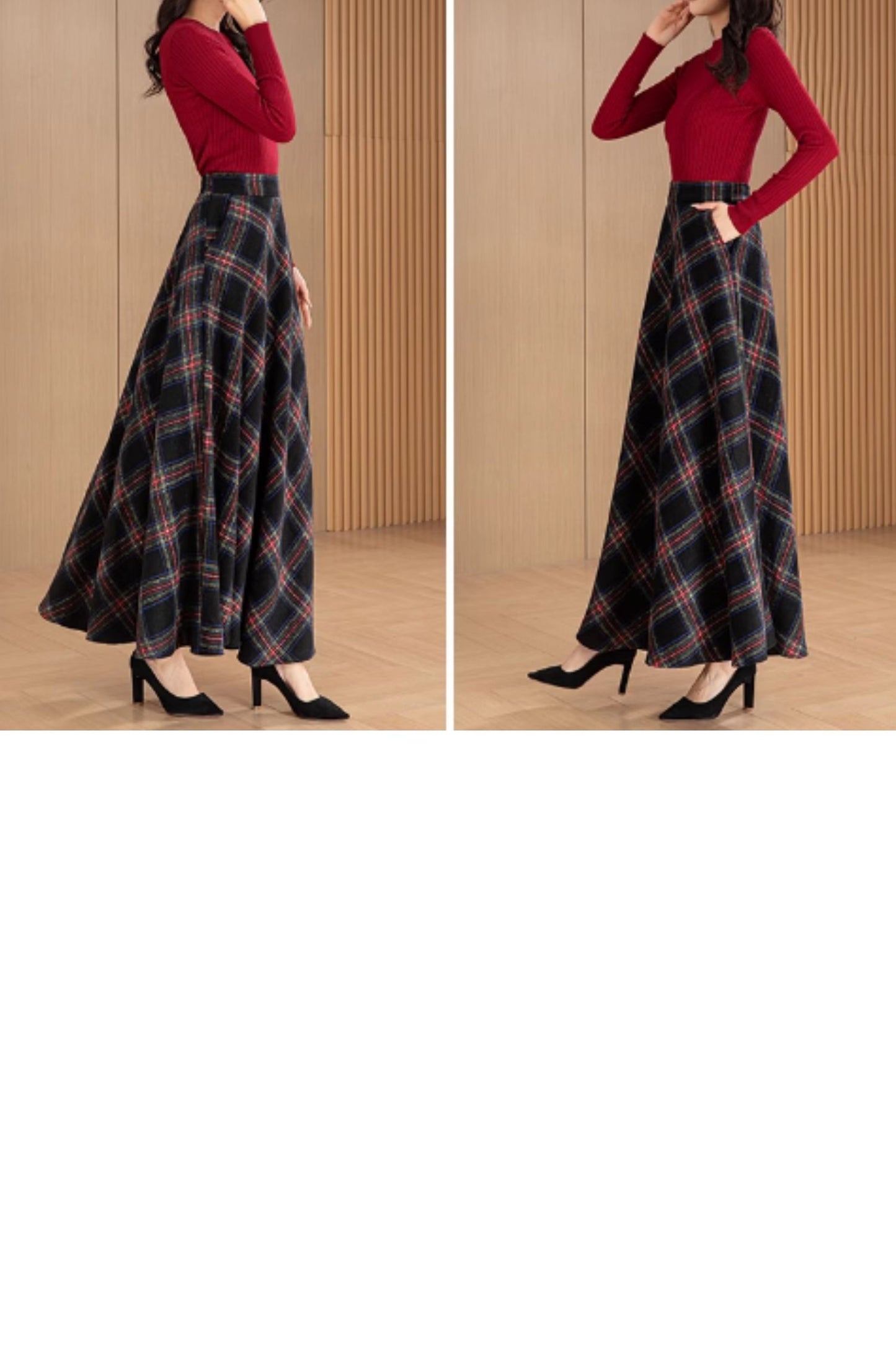 Handmade Black Red Plaid Wool Maxi Skirt – Vintage High Waist A-line Winter Elegance | Xiaolizi 5565