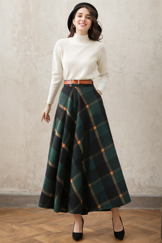 Handmade Forest Green Plaid Wool Maxi Skirt – Vintage High Waist A-line Winter Elegance 5274