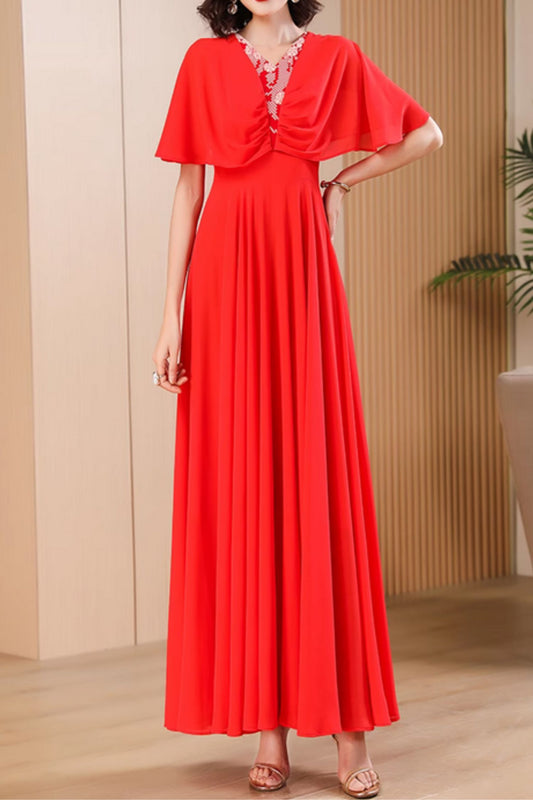 Red Chiffon Maxi Dress - V-Neck Flowy Silhouette 5048