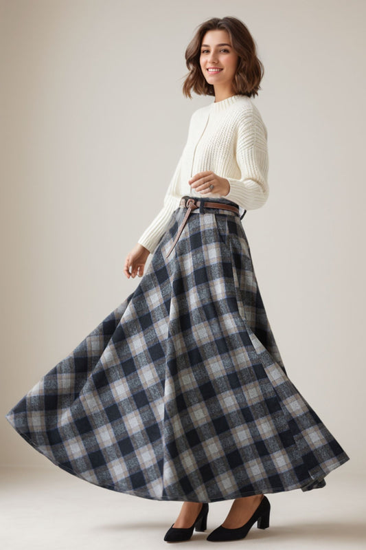 Blue Gray Plaid Wool Maxi Skirt – High Waist A-Line Winter Skirt for Women 5262