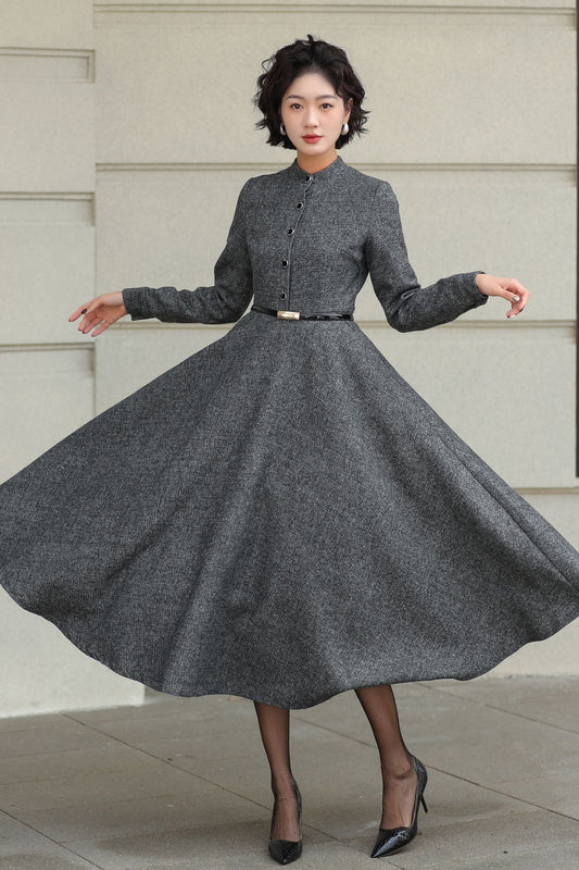 Wool A-Line Midi Gray Belted Vintage Style Dress 6508