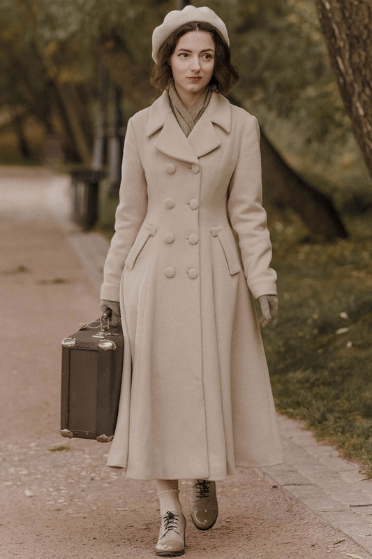 Vintage Beige Wool Coat – Double-Breasted Fit and Flare Winter Overcoat for Women 3228