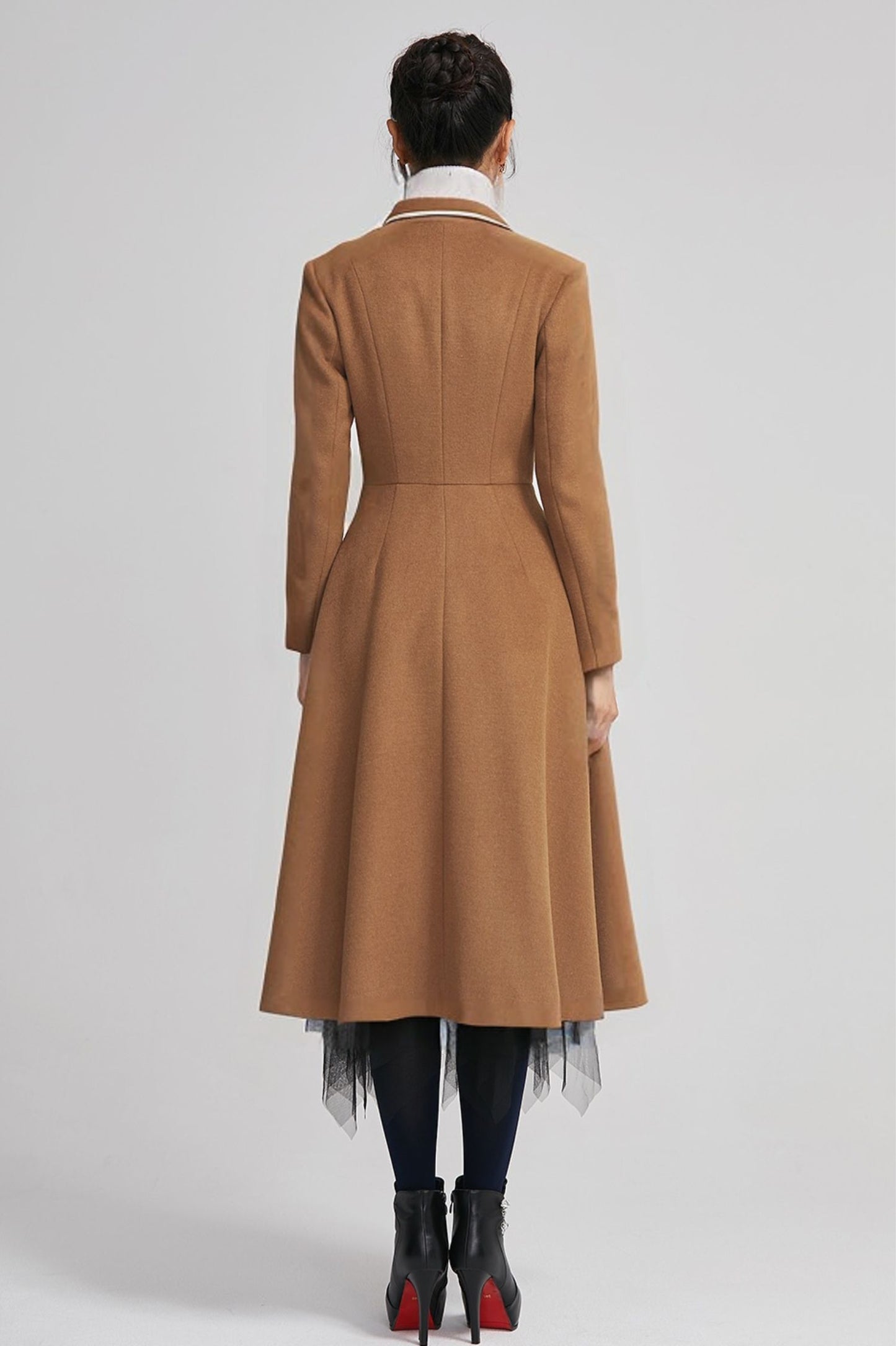 Women's Brown Wool Coat - Midi Length Winter Coat with Lapel Collar 5613