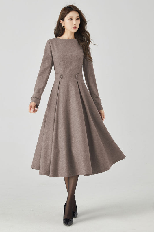 Brown Wool Dress – Handmade Fit & Flare Long Sleeve Midi | Xiaolizi 5444