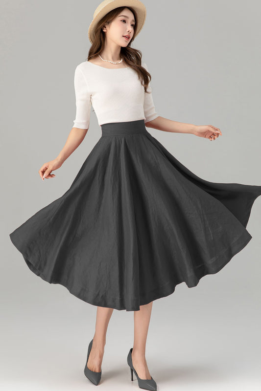 Grey Linen Midi Skirt - High Waist Flared Circle Swing | Xiaolizi 5728