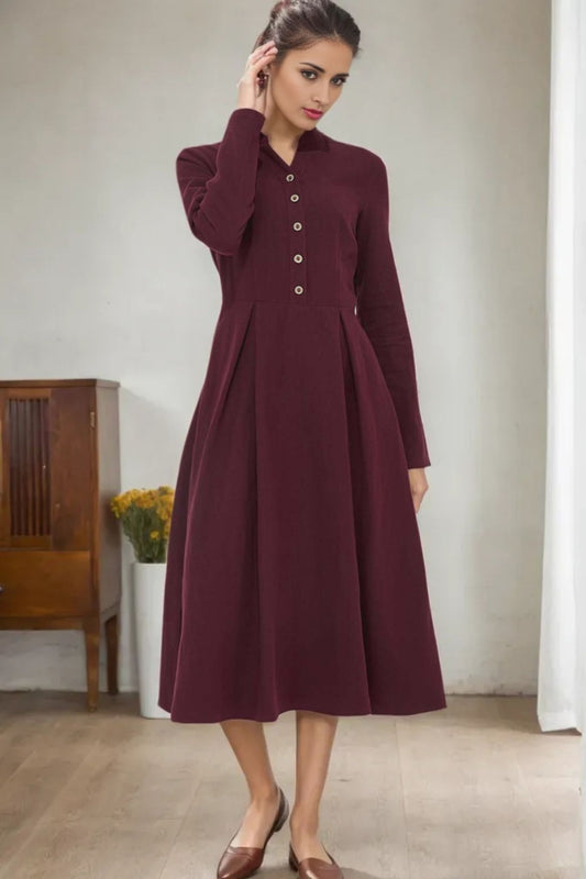 Burgundy Linen Midi Dress - Button Front A-Line Long Dress 5570