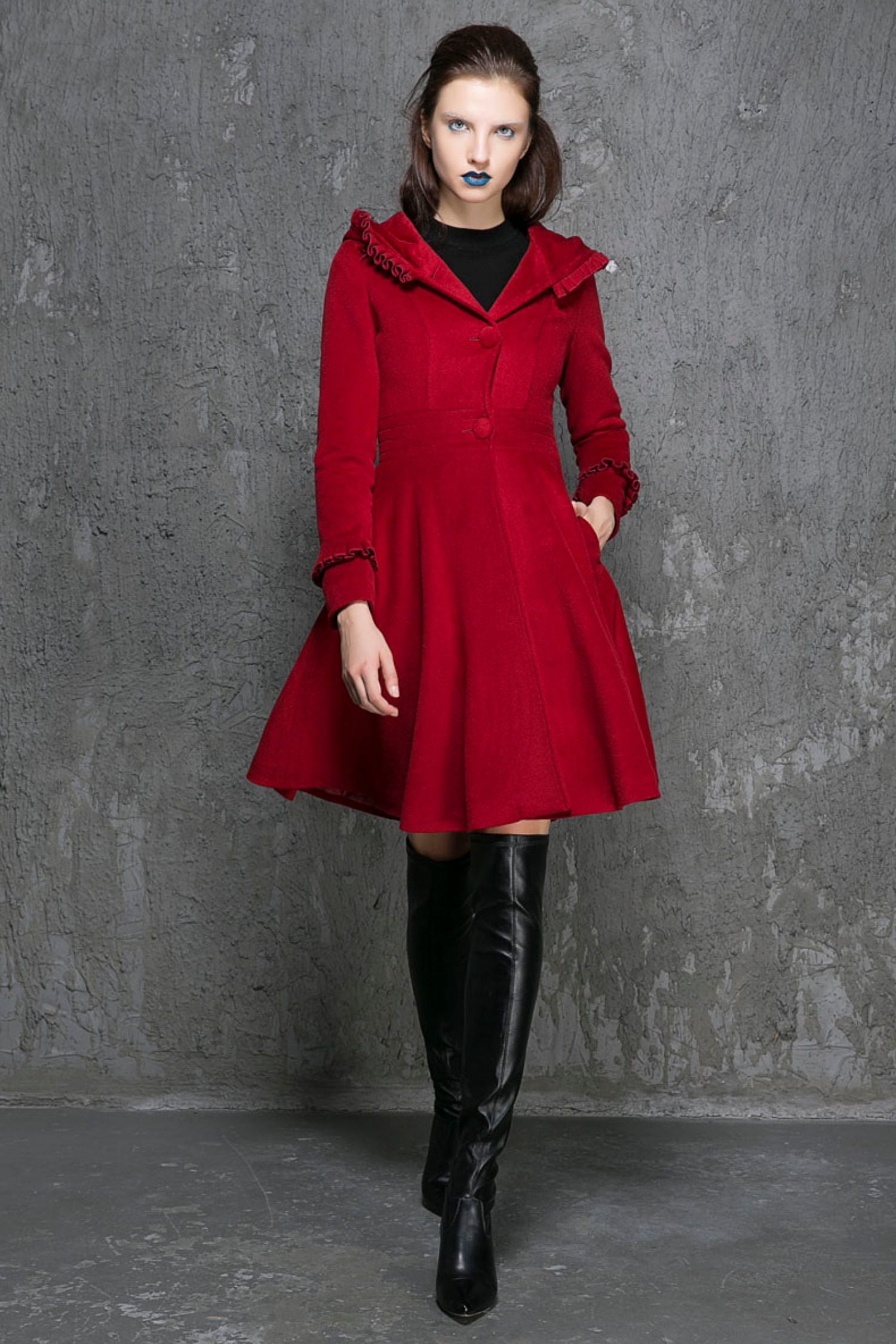Red Hooded Coat Wine Red Wool Winter Women Hooded Coat 1354