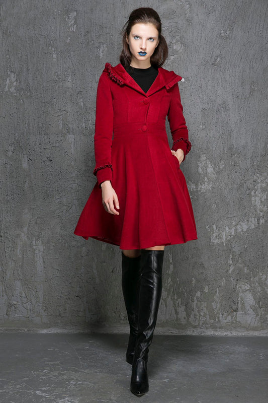Wine Red Hooded Wool Coat – Elegant Ruffle Trim Winter Jacket | Xiaolizi 1354