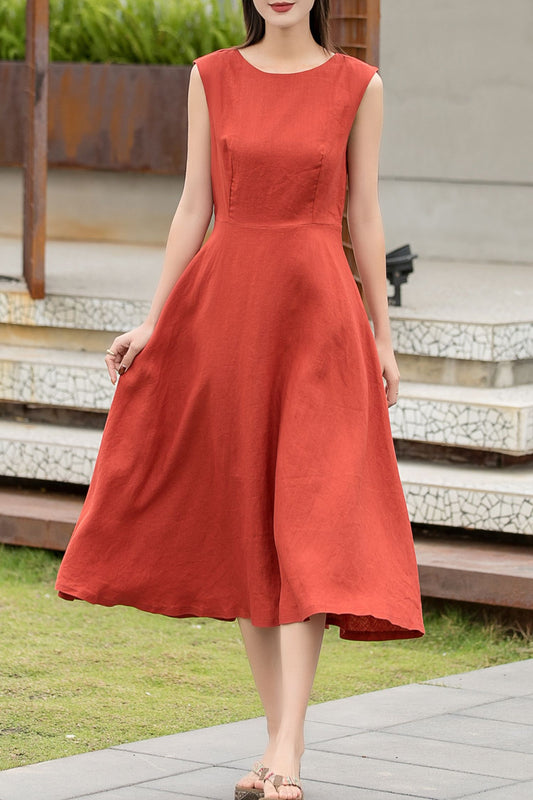Orange sleeveless summer midi linen dress 2741