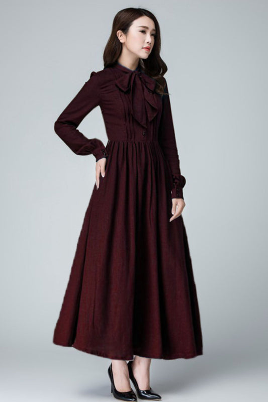 Burgundy Linen Maxi Dress – Vintage Long Sleeve Elegant Dress 6676