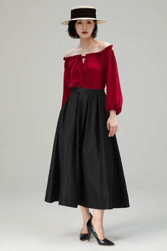 Black Linen Midi Skirt - High Waist A-Line | Xiaolizi 6716