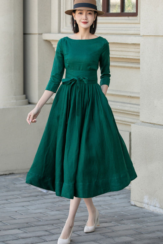 Green Linen Dress with Bow Tie Waist 5721