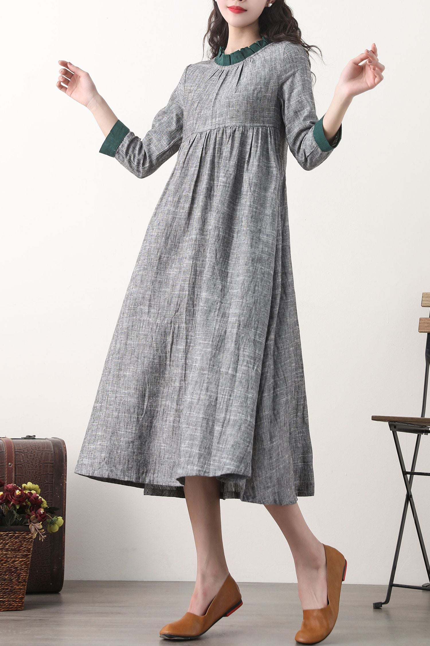 loose linen dress in sage green color OffOn comfortable high Shirred Pocket Linen Loose Dress