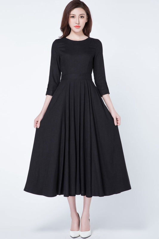 Black Linen Midi Dress – Fit and Flare 3/4 Sleeve Dress with Pockets 1728