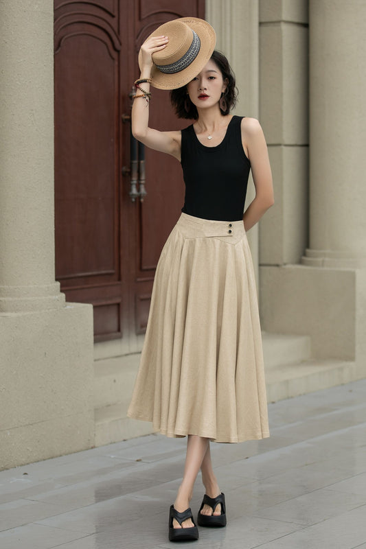 Handmade Linen Swing Skirt – High Waist Pleated Midi Skirt for Spring Summer 5238