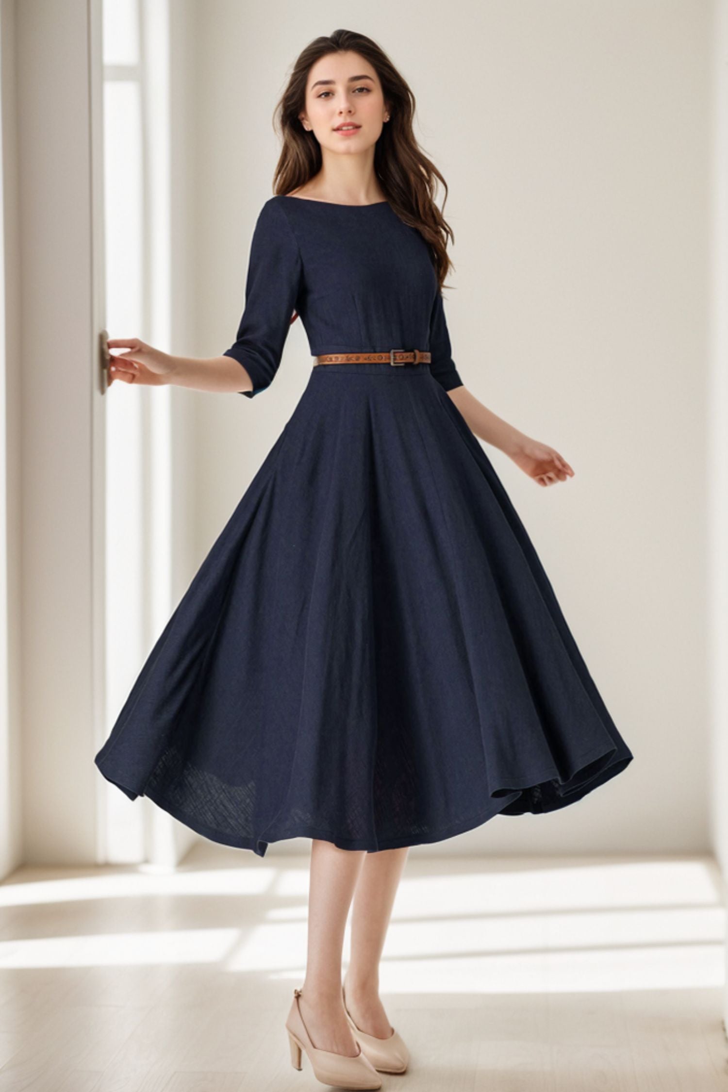 Navy Blue Linen Midi Dress Handmade Fit & Flare Everyday & Travel Dress | Xiaolizi Navy Blue Linen Midi Dress Handmade Fit & Flare Everyday & Travel Dress | Xiaolizi