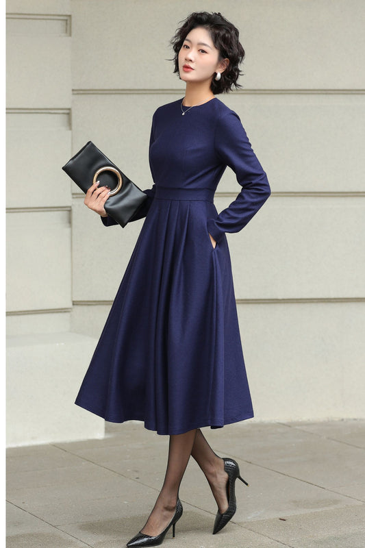 Blue Wool Midi Dress - Swing Fit & Flare Silhouette 6506