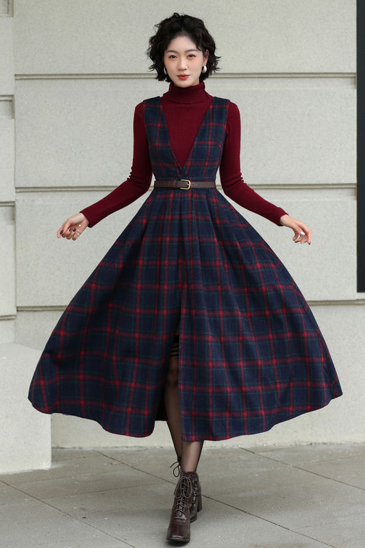 Plaid Wool Midi Pinafore Dress - Vintage V-Neck A-Line Swing 6507