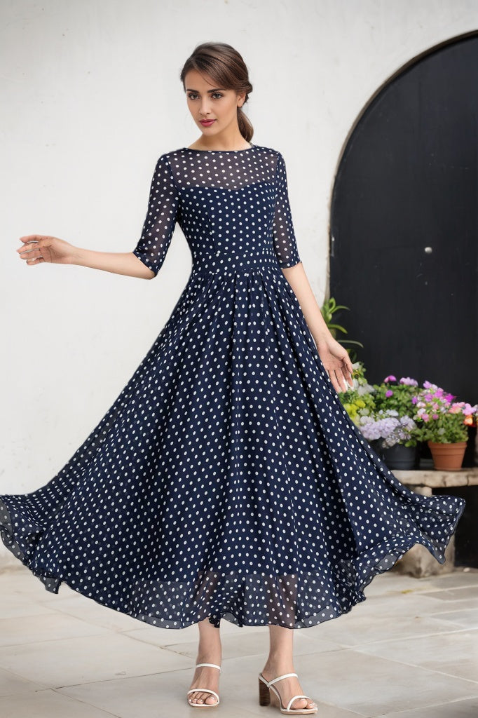 Blue and White Polka Dot chiffon Maxi Dress 2354 Blue and White Polka Dot chiffon Maxi Dress 2354