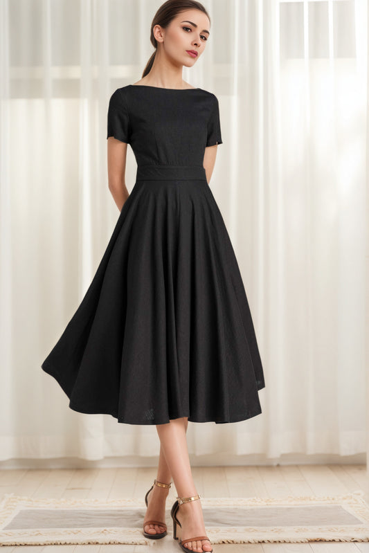 Little Black Linen Swing Dress – Boat Neck Fit and Flare Midi 6623