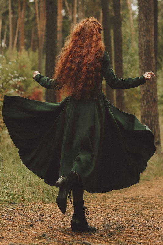 Dark Green Wool Maxi Coat – Vintage Double Breasted Winter Longline Flare Coat 3180