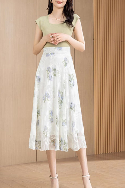 Midi floral high waisted chiffon skirt 6191