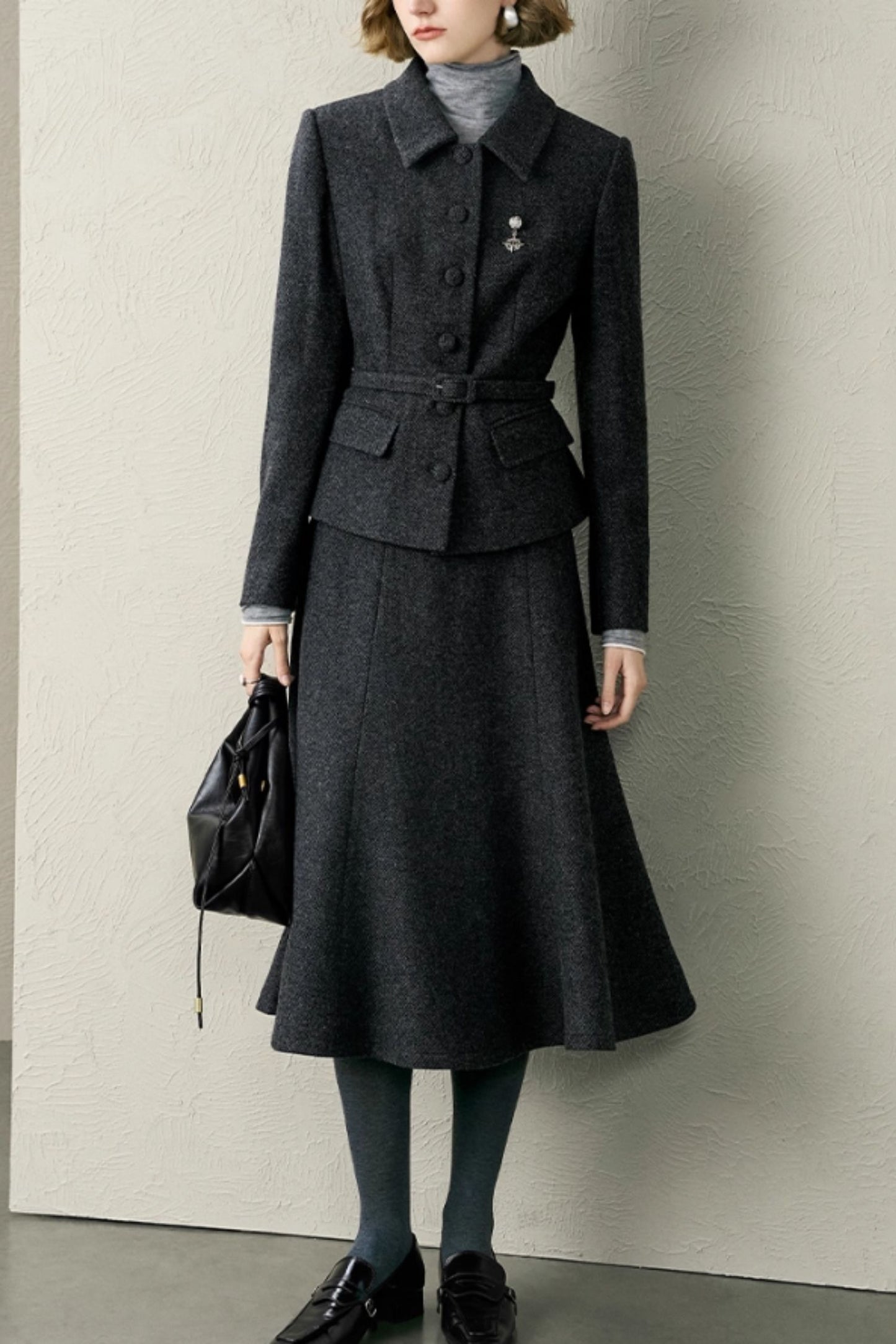 Vintage Wool Two Piece Set – Charcoal Gray Belted Jacket and A-line Midi Skirt 6604
