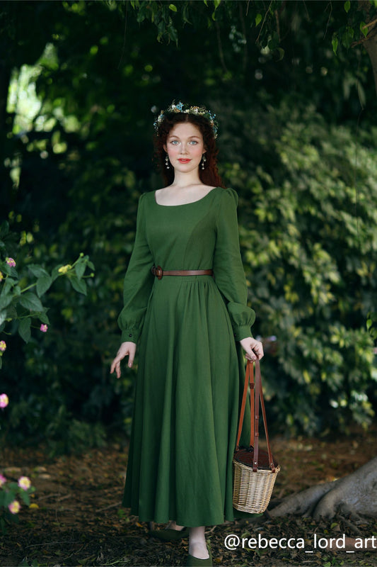 Green Linen Maxi Dress - Pleated Waist & Lantern Sleeves 2721