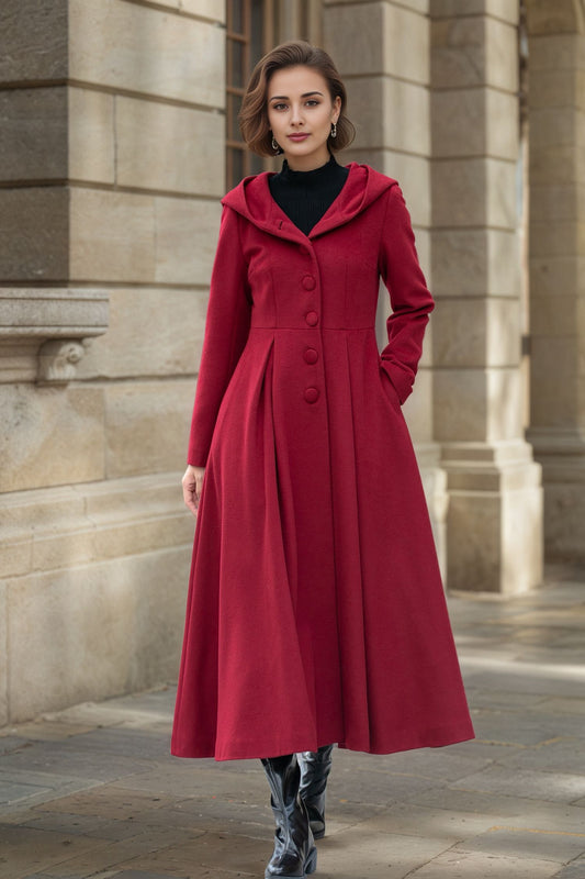 Long swing red winter wool coat women 6287
