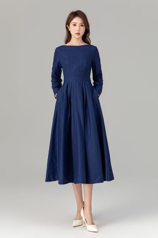 Navy Linen Midi Dress – Long Sleeve Fit and Flare Dress with Pockets 4925