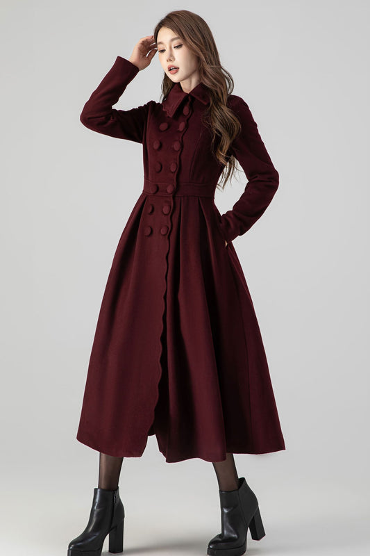 Handmade Burgundy Wool Coat – Vintage Princess Winter Maxi Overcoat 4517